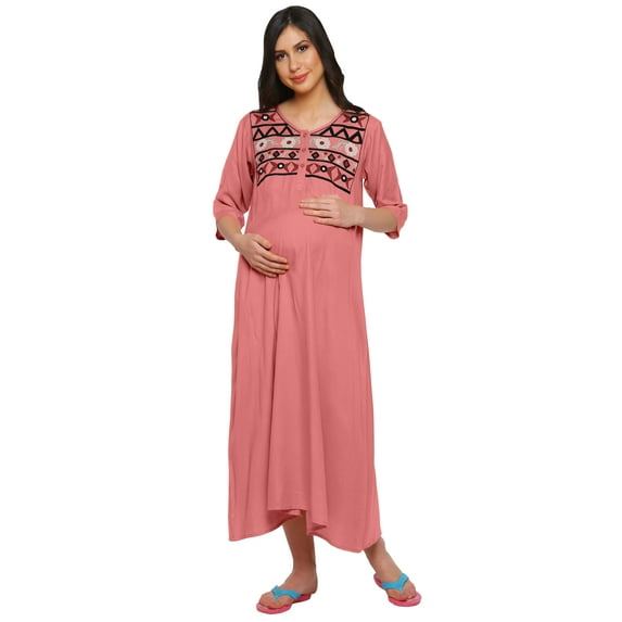 Moomaya Womens Embroidered Long Maxi Maternity Button Placket Rayon Slub Dress