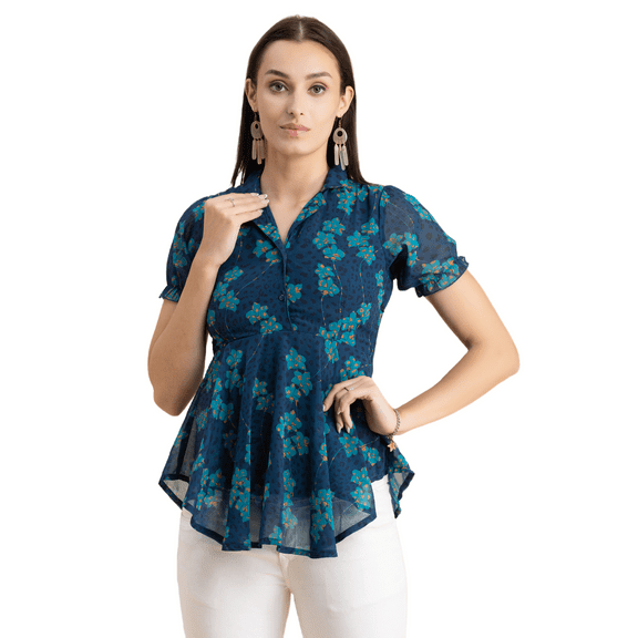 Moomaya Womens Flared Summer Top, Short Puff Sleeves Collared Tops Asymmetric Blouse