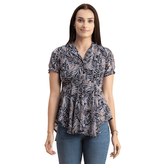 Moomaya Womens Flared Summer Top, Short Puff Sleeves Collared Tops Asymmetric Blouse