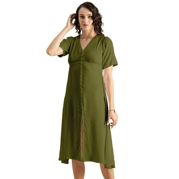 Moomaya Womens Front Slit Dress, V Neck Short Sleeves Summer Midi Dress