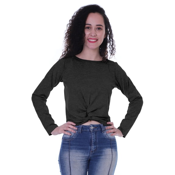 Moomaya Womens Full Sleeves Front Knot Crop Top Summer Tshirt Plain Tee Tops