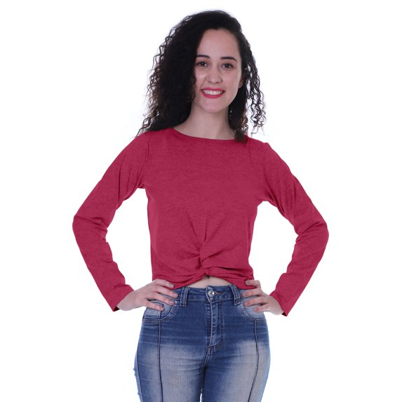 Moomaya Womens Full Sleeves Front Knot Crop Top Summer Tshirt Plain Tee Tops