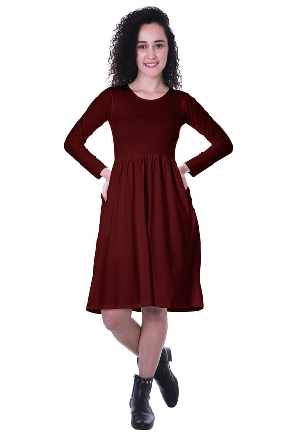 Womens Full Sleeves Gathered Waist Dress Casual Relaxed Fit Swing Dresses w/ Pockets