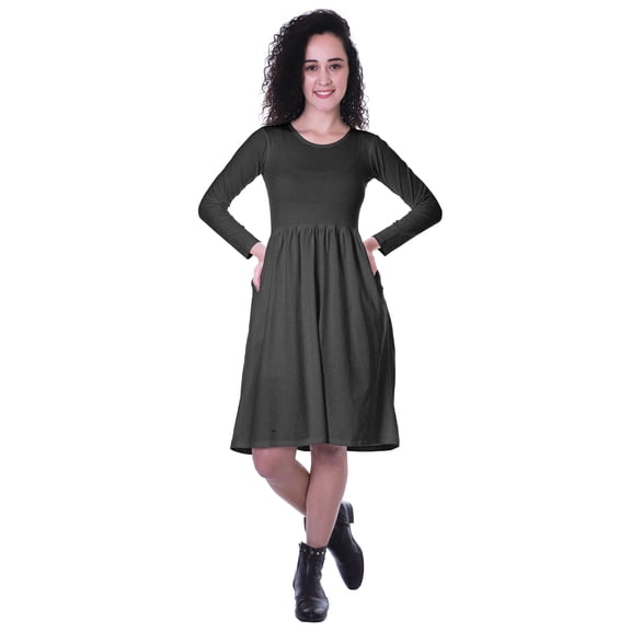 Moomaya Womens Full Sleeves Gathered Waist Dress Casual Relaxed Fit Swing Dresses w/ Pockets