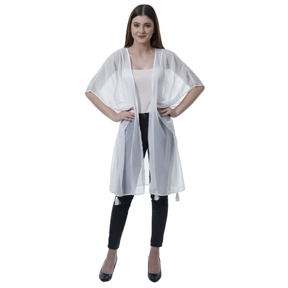 Moomaya Womens Georgette Shrug Open Front Long Sheer Coverup w/ Tassels