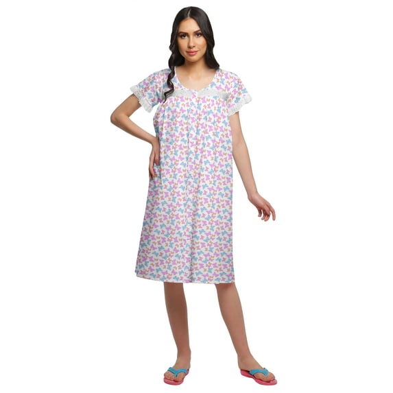 Moomaya Womens Knee Length Cotton Short Sleeve Nightdress Printed Night Gown