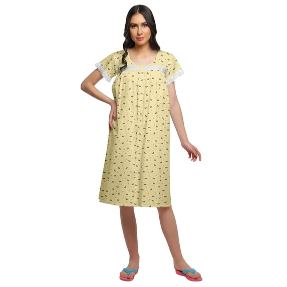 Moomaya Womens Knee Length Cotton Short Sleeve Nightdress Printed Night Gown