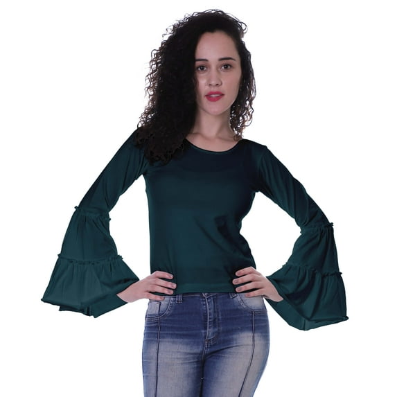 Moomaya Womens Long Bell Sleeves Tshirt Top Round Neck Plain Casual Fit Summer Tee Tops