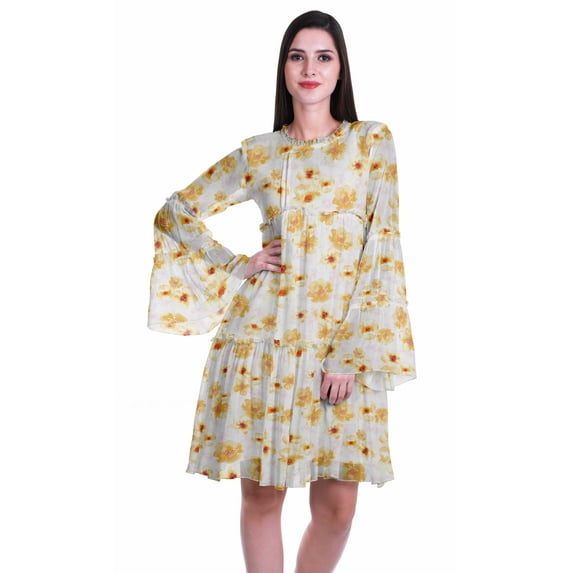 Moomaya Womens Long Sleeve Printed Knee Length Dress Flared Flowy Summer Dress