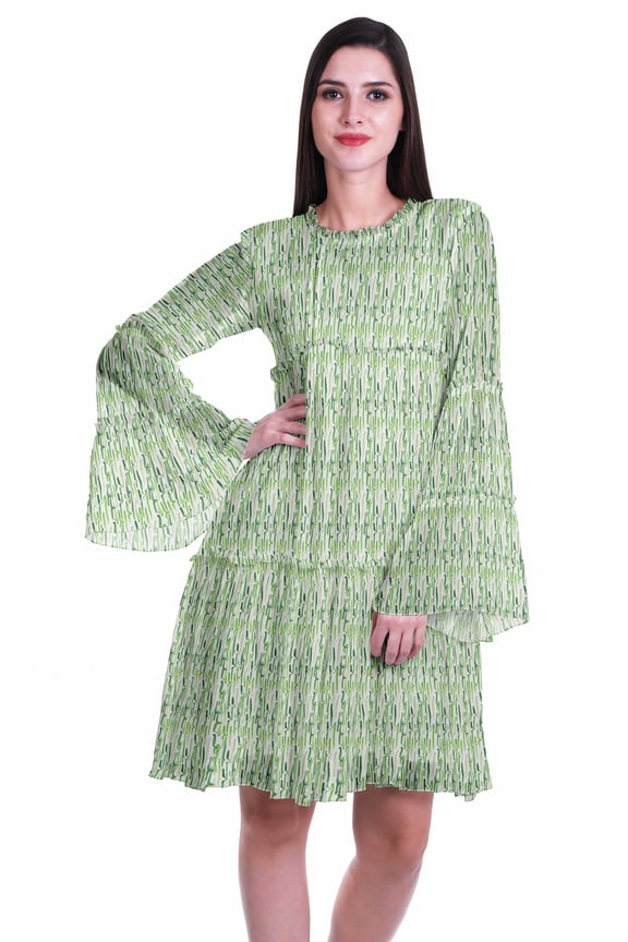 Womens Long Sleeve Printed Knee Length Dress Flared Flowy Summer Dress