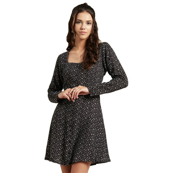 Moomaya Womens Long Sleeves Dress, Square Neck Short Length Casual Mini Dress