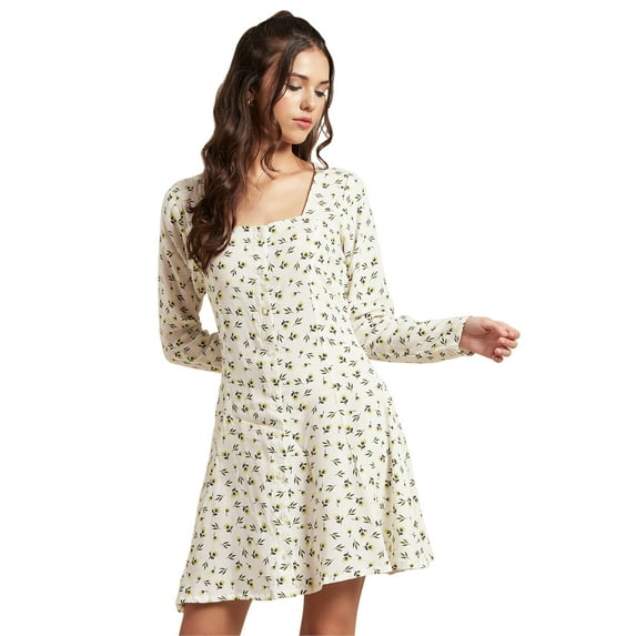 Moomaya Womens Long Sleeves Dress, Square Neck Short Length Casual Mini Dress