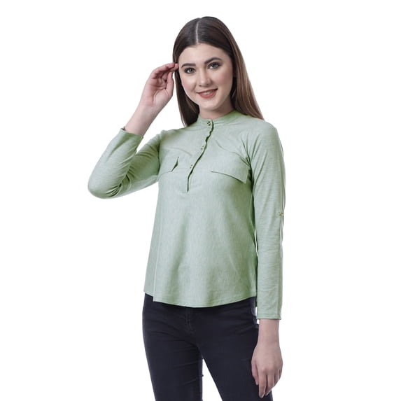 Moomaya Womens Mandarian Band Collar Full Sleeves Top Summer Fit Casual Tee Tops