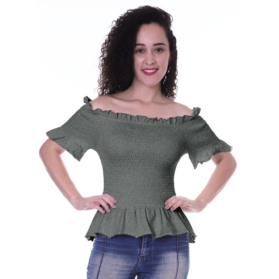 Moomaya Womens Off Shoulder Smocked Top Solid Short Sleeve Casual Summer Tops