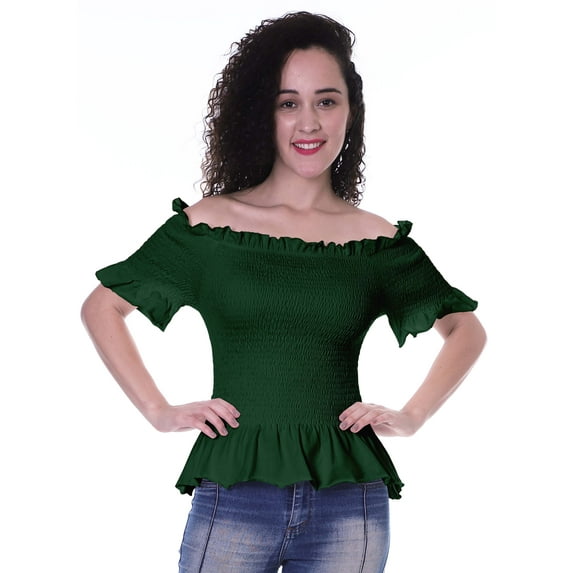 Moomaya Womens Off Shoulder Smocked Top Solid Short Sleeve Casual Summer Tops