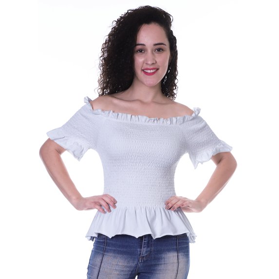 Moomaya Womens Off Shoulder Smocked Top Solid Short Sleeve Casual Summer Tops