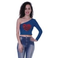 thumbnail image 1 of Moomaya Womens One Shoulder Full Sleeve Crop Top w/ Sequin Heart Motif Patch Party T-Shirt, 1 of 7
