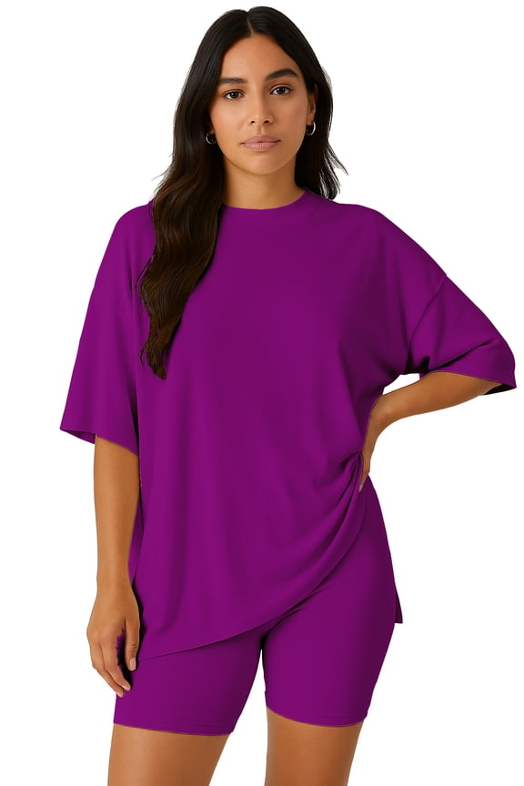 Womens Oversized T-Shirt and Biker Shorts Lounge Set - 2 Piece Buttery Soft Viscose Jersey Co-ord - Loungewear