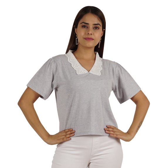 Moomaya Womens Peter Pan Lace Collar Top Plain Jersey Short Casual Tshirt