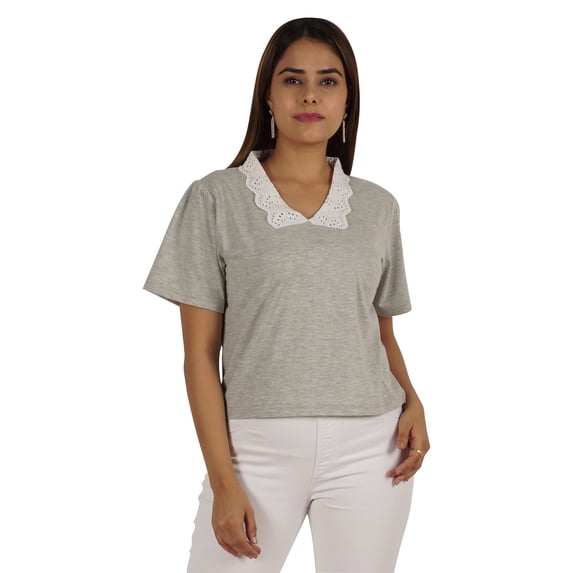 Moomaya Womens Peter Pan Lace Collar Top Plain Jersey Short Casual Tshirt
