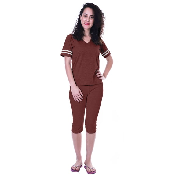 Moomaya Womens Plain Nightwear Set w/ Capri Cotton Sleepwear 2 Pcs Nightdresses-BWW