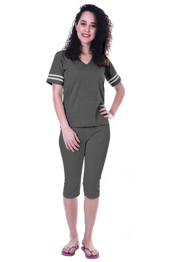 Womens Plain Nightwear Set w/ Capri Cotton Sleepwear 2 Pcs Nightdresses-G2G