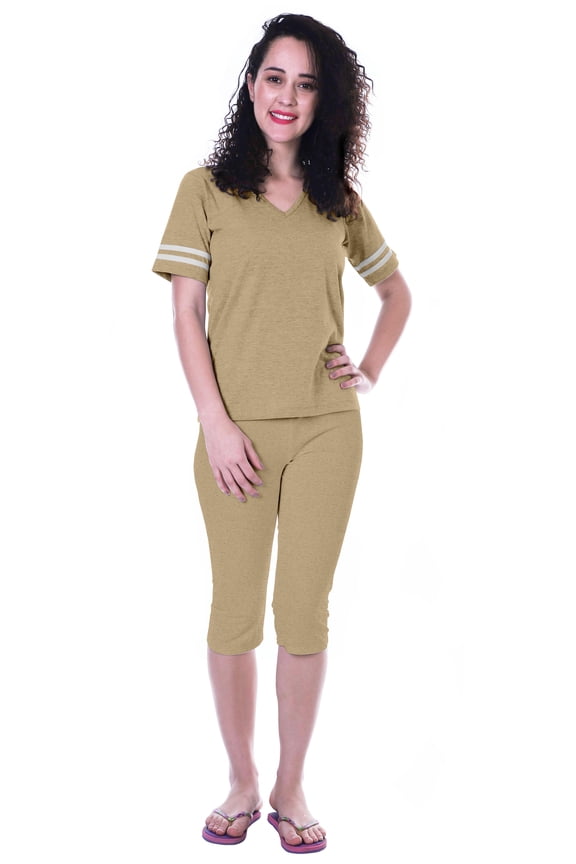 Womens Plain Nightwear Set w/ Capri Cotton Sleepwear 2 Pcs Nightdresses-MT4