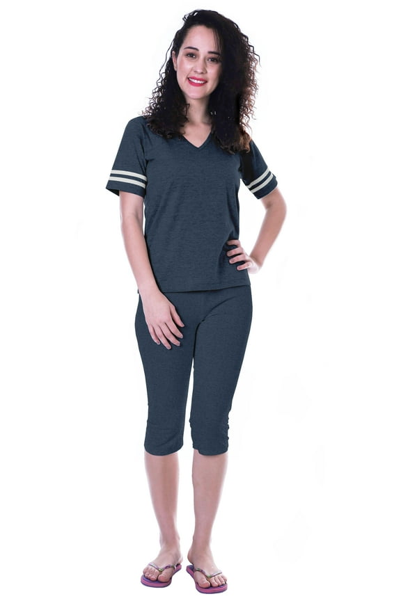 Womens Plain Nightwear Set w/ Capri Cotton Sleepwear 2 Pcs Nightdresses-R9X