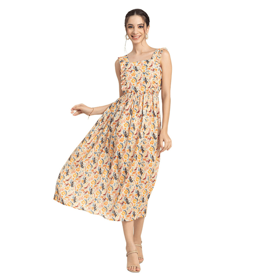 Moomaya Womens Printed A-Line Long Dress, Ruffled Square Neck Maxi Dress