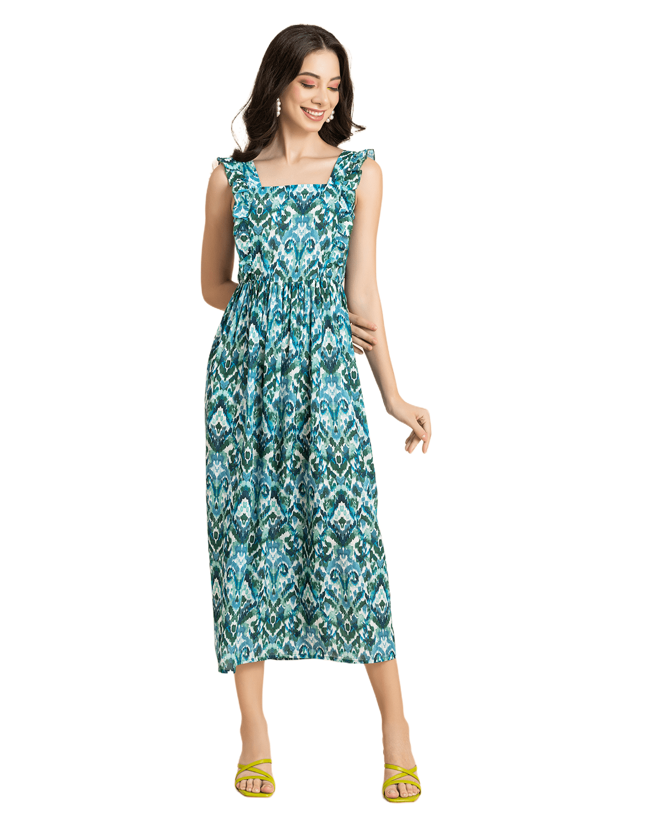 Moomaya Women's Printed A-Line Maxi Dress – Ruffled Square Neck, Sleeveless Summer Long Dress
