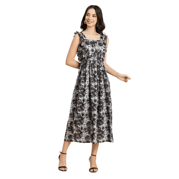 Moomaya Womens Printed A-Line Long Dress, Ruffled Square Neck Maxi Dress