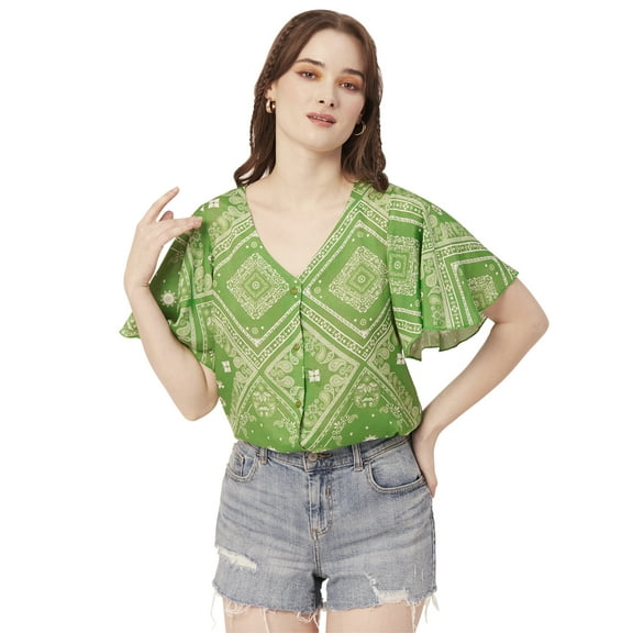 Moomaya Womens Printed Butterfly Sleeve Top, Button Down Summer Casual Top