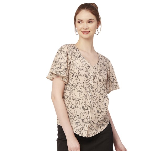 Moomaya Womens Printed Butterfly Sleeve Top, Button Down Summer Casual Top