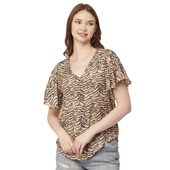 Moomaya Womens Printed Butterfly Sleeve Top, Button Down Summer Casual Top