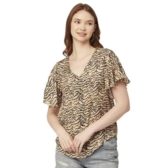 Moomaya Womens Printed Butterfly Sleeve Top, Button Down Summer Casual Top