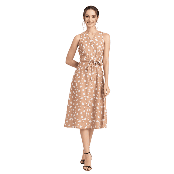 Moomaya Womens Printed Button Down Midi, Sleeveless Tie-Up Waist Casual Dress