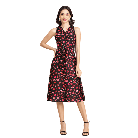 Moomaya Womens Printed Button Down Midi, Sleeveless Tie-Up Waist Casual Dress