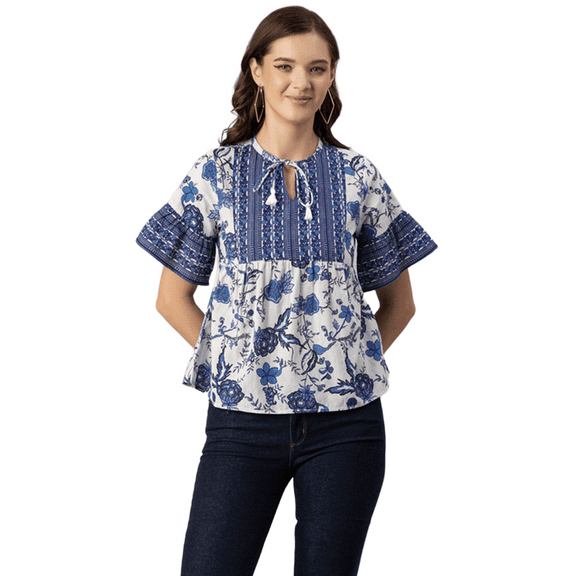 Moomaya Womens Printed Cotton Blouse, Boho Top, Short Sleeves Summer Top