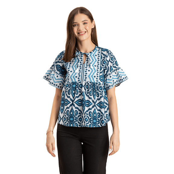 Moomaya Womens Printed Cotton Blouse, Boho Top, Short Sleeves Summer Top