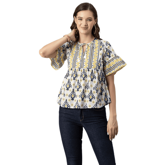 Moomaya Womens Printed Cotton Blouse, Boho Top, Short Sleeves Summer Top