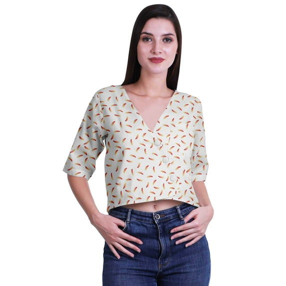 Moomaya Womens Printed Cotton V-neck Crop Top Elbow Sleeve Summer Clothing Boho Blouse