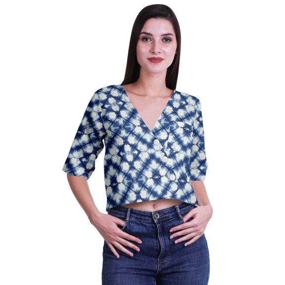 Moomaya Womens Printed Cotton V-neck Crop Top Elbow Sleeve Summer Clothing Boho Blouse