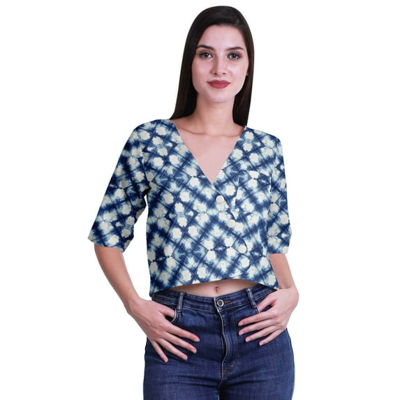 Moomaya Womens Printed Cotton V-neck Crop Top Elbow Sleeve Summer Clothing Boho Blouse