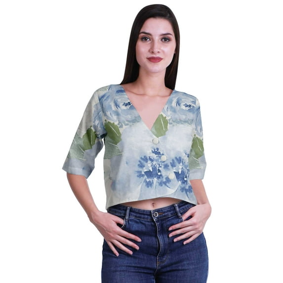 Moomaya Womens Printed Cotton V-neck Crop Top Elbow Sleeve Summer Clothing Boho Blouse