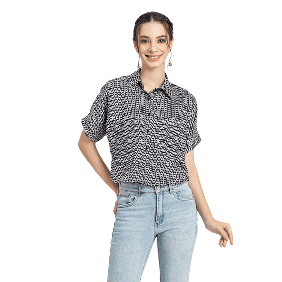 Moomaya Womens Printed Crop Shirt, Button Down Boho Shirt With Front Pockets