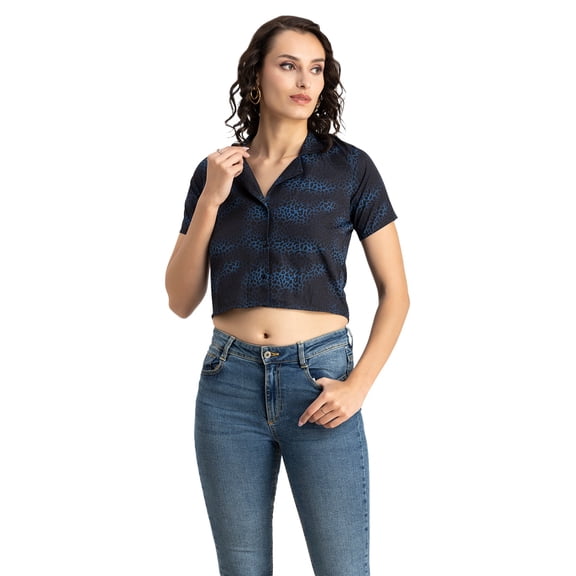 Moomaya Womens Printed Crop Shirt, Short Sleeves, Buttoned Shot Top