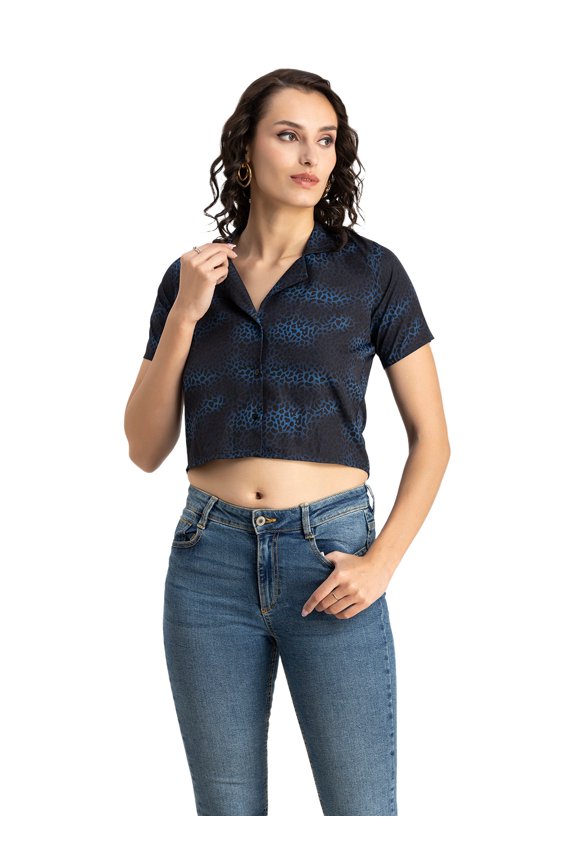 Womens Printed Crop Shirt, Short Sleeves, Buttoned Shot Top