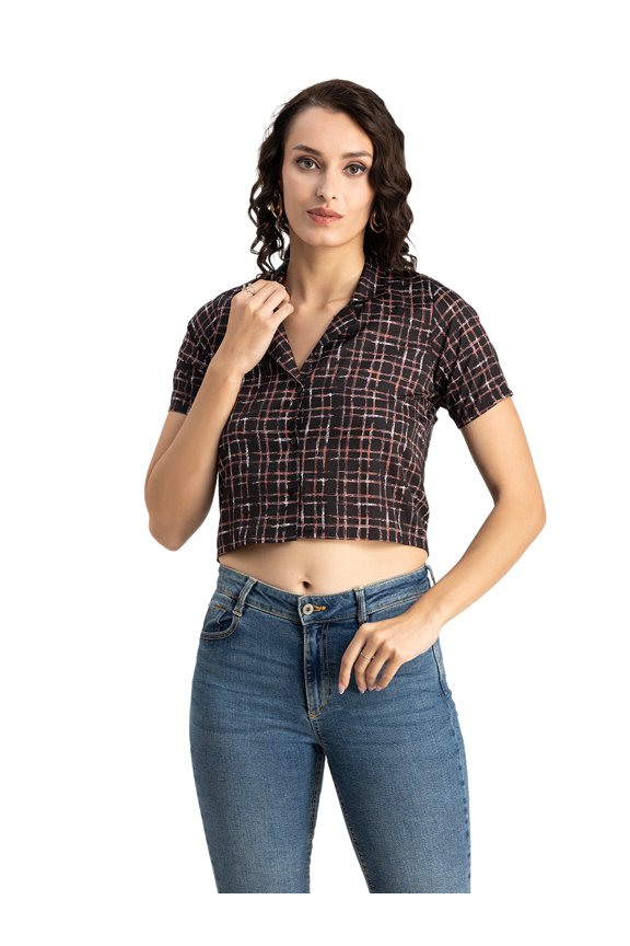 Womens Printed Crop Shirt, Short Sleeves, Buttoned Shot Top