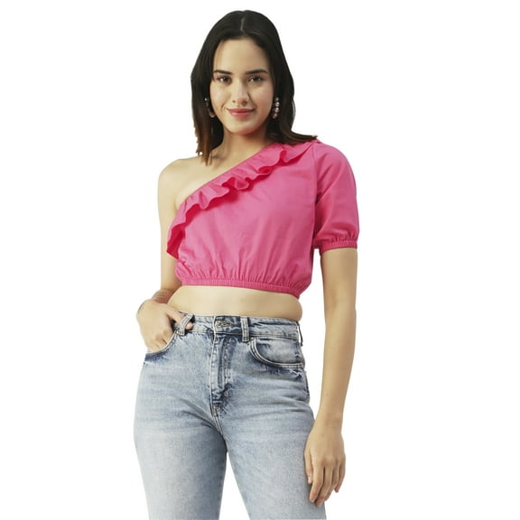 Moomaya Womens Printed Crop Top, One Shoulder Cotton Casual Summer Top