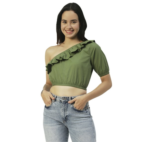 Moomaya Womens Printed Crop Top, One Shoulder Cotton Casual Summer Top